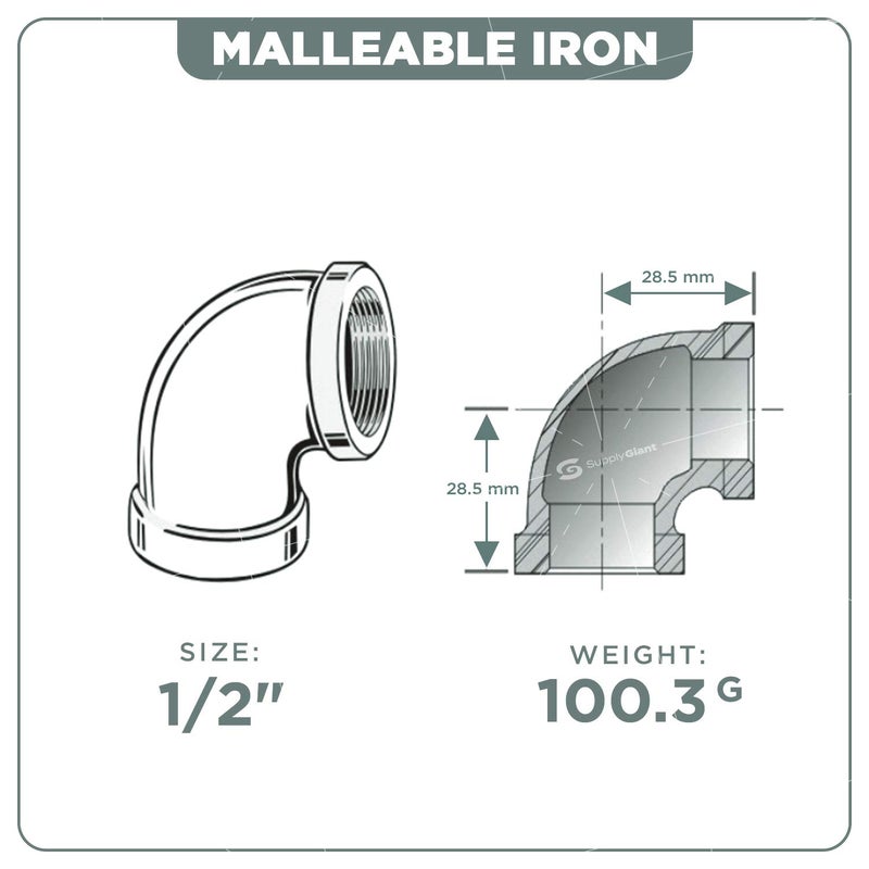 SUPPLYGIANT Supply Giant GMNL0012-10, 1/2 Inch 90 Degree Elbow, Malleable Iron Threaded Pipe Fitting, Galvanized (Pack Of 10) - Image 5